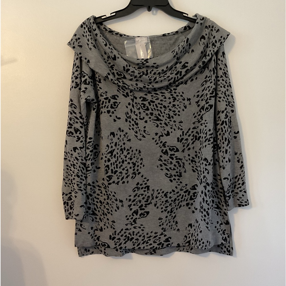 Chico’s Zenergy Cozy Animal Print Brushed Fleece Tunic Heather Grey Size…